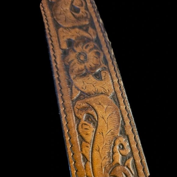 Tooled Cowboy Leather Brown Belt with Turquoise Silver Accent (Add Your Buckle) - Picture 3 of 7